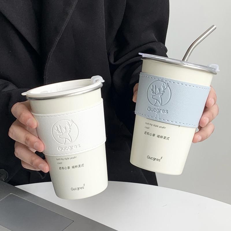 Stainless Steel Coffee Mug with Straw Lid Portable Coffee Cup Drinking Beer Milk Water Cup Restaurant Bar Party 500ml