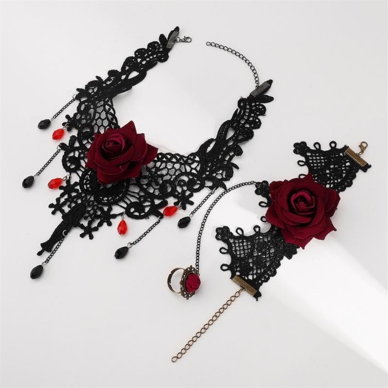 2pcs Gothic Lace Choker Necklace Finger Rings Bracelet Halloween Costume Accessories Jewelry for Women Girls Gift