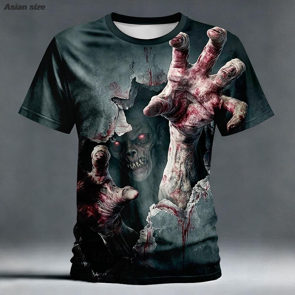 Halloween Men's Skull Optical Illusion 3D T Shirt Short Sleeve T shirt 3D Print Crew Neck Shirt Horror Club Party Streetwear
