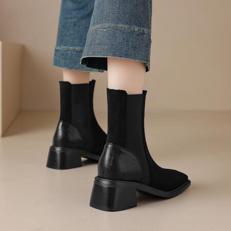 Herbst- und Winter Wildleder Martin Stiefel Gummisohle große Größe mittlerer Absatz Lederstiefel bequem quadratisch und koreanische Version der neuen quadratisch und ich