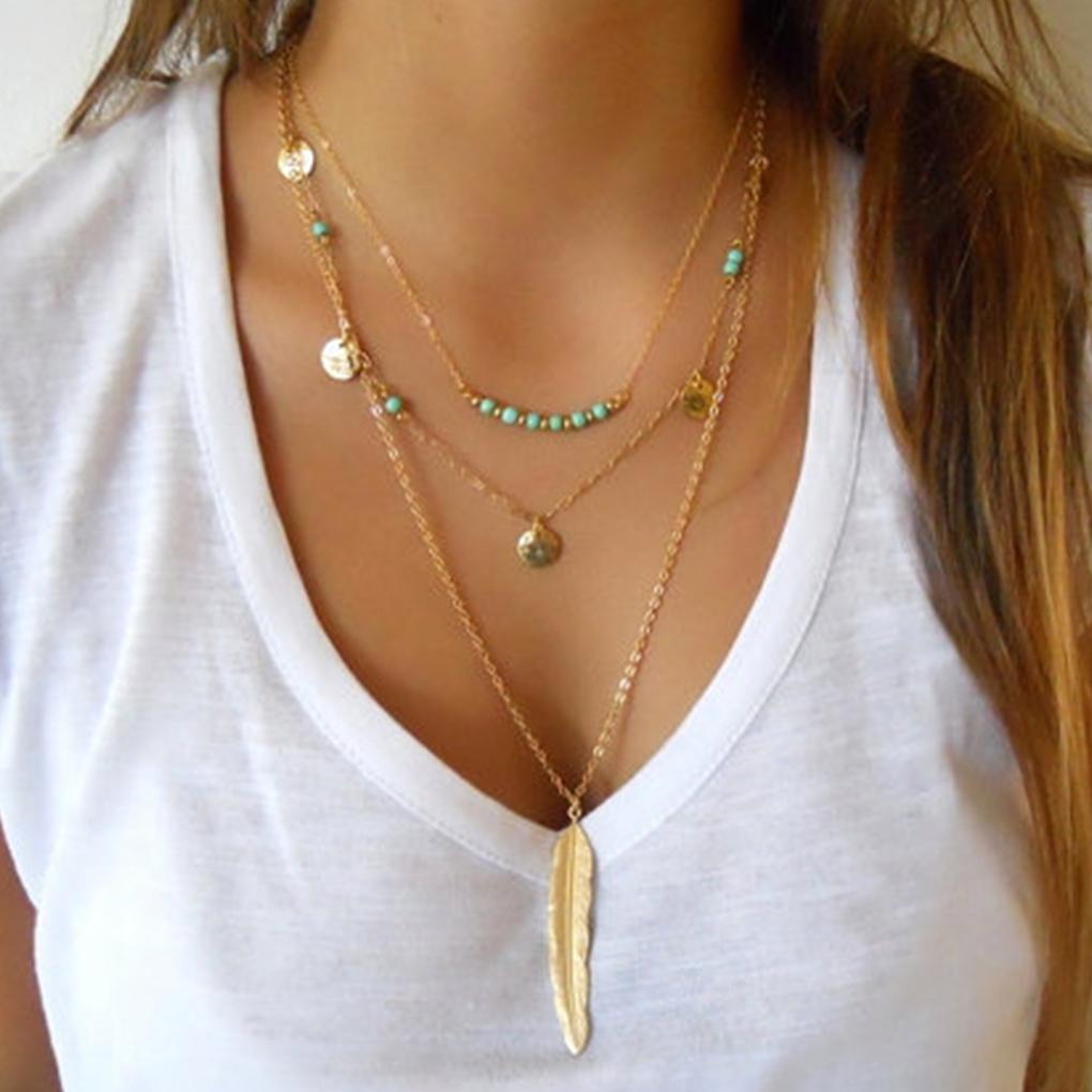 Women Multi-layers Collar Pendant Choker Necklaces Multiple Row Sequin Beads