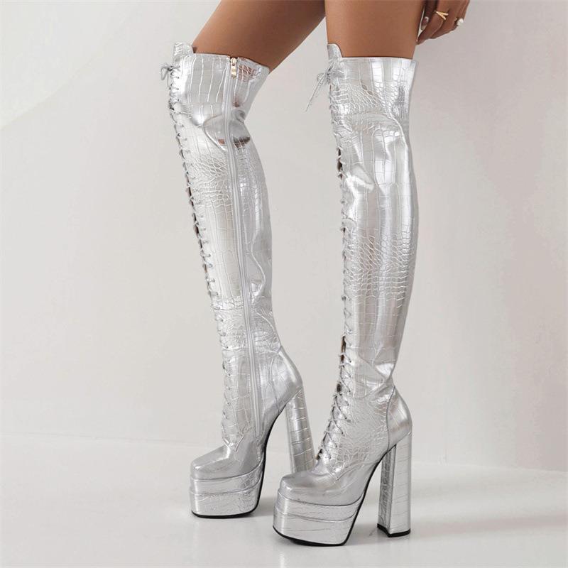 Women Autumn Winter Lace-Up Long Boots for Woman Round Toe Crude Heels Over The Knee Botas Mujer Party Platform Shoes