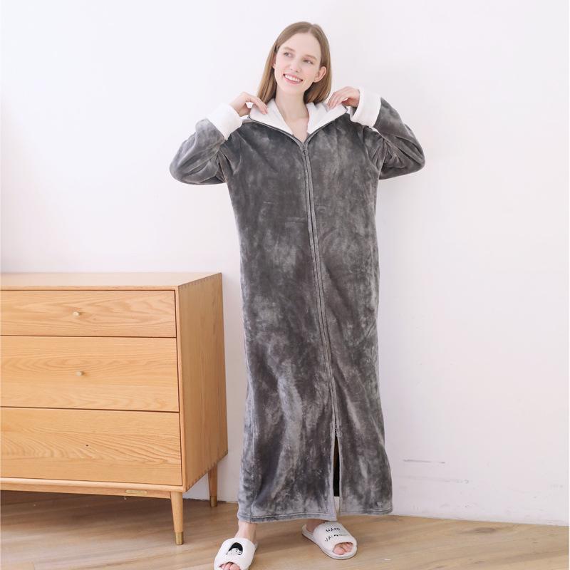 Unisex Flannel Zipper Nightgown: Thickened Autumn/Winter Robe & Onesie Pajamas L