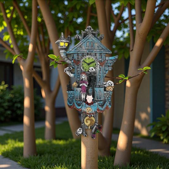Halloween Cuckoo Clock Decoration Spooky Wall Clock Figurine Skeleton Pumpkin Wall Sculpture for Home Living Room Bedroom Decor