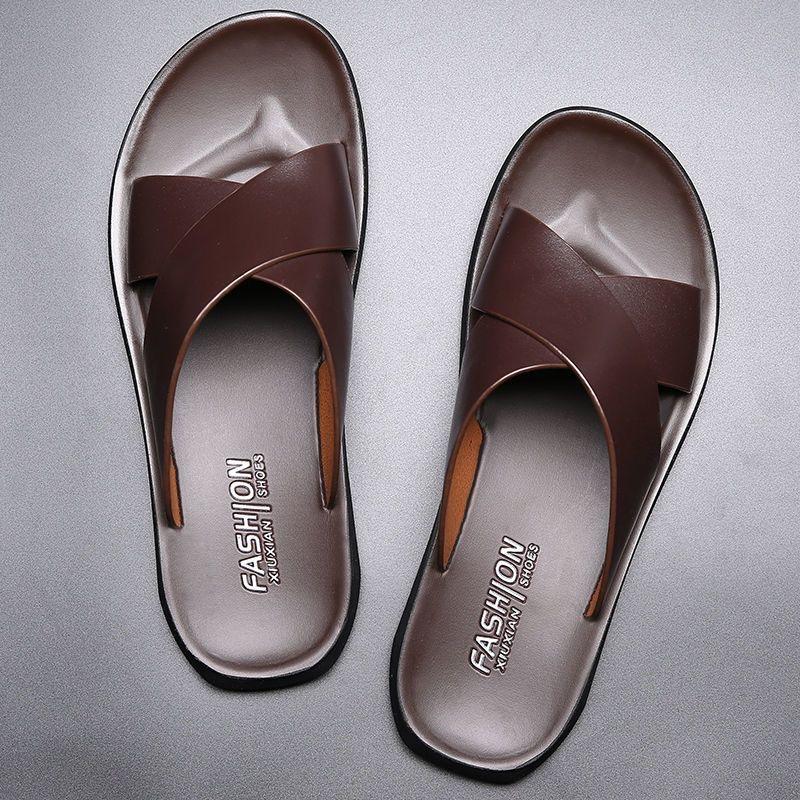 Men Black Leather Slippers Simple Flats Summer Brown Outdoor Roman Sandals Outdoor Beach Shoes for Father Over Sized