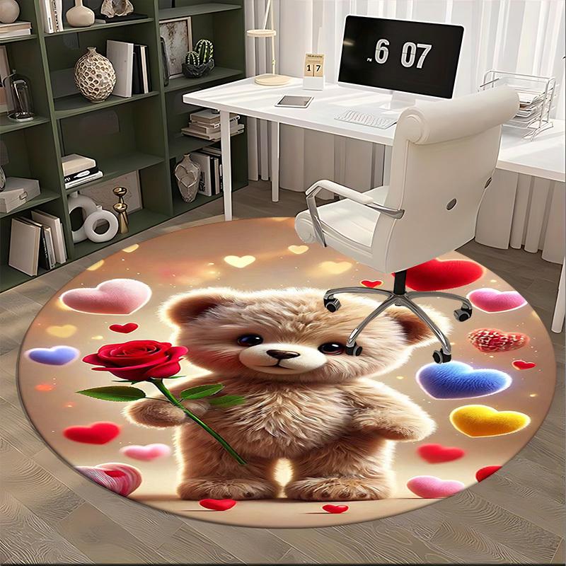 1pc Cute Teddy Bear with Rose Round Carpet - Anime Design, Valentine's Day Gift, Office Chair Mat, Non-Slip Rug for Home Decor, Suitable for All Seaso
