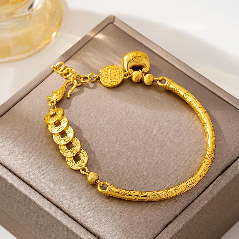 

Шикарный вьетнамский золотой кованый браслет на удачу: Женский роскошный браслет в придворном стиле с имитацией монет