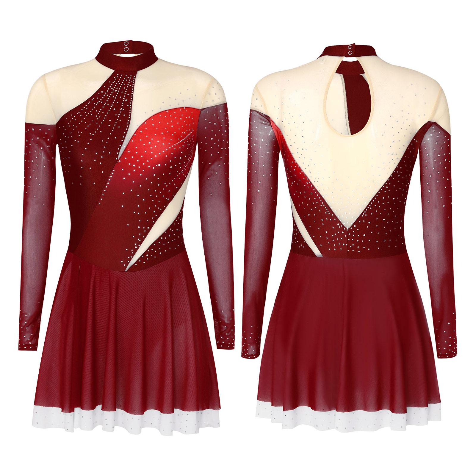Women Figure Skating Gymnastics Acrobatics Ballet Performance Costume Long Sleeve Shiny Rhinestones Sheer Mesh Leotard Dress S