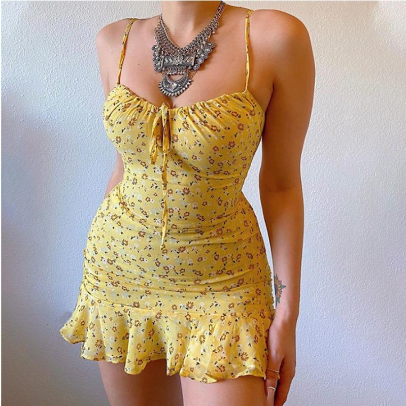 

Women s Sexy Casual Home Small Floral Camisole Dress Summer Comfortable Skirt Suspender Chest Hollow Dress Sexy Floral XS жовтий
