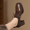 Retro style square head lace-up deep mouth leather shoes single shoes women's autumn new versatile high heels women's shoes