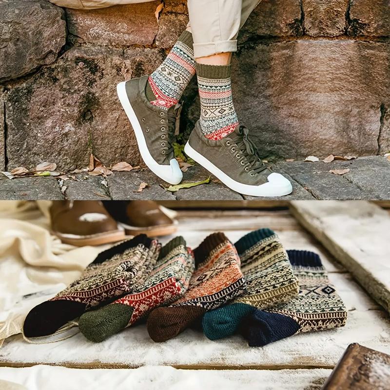 1/5 Pairs Casual Socks EU Size 38-43 Retro Pattern Autumn/Winter Round Neck Socks Ethnic Style Women Comfortable