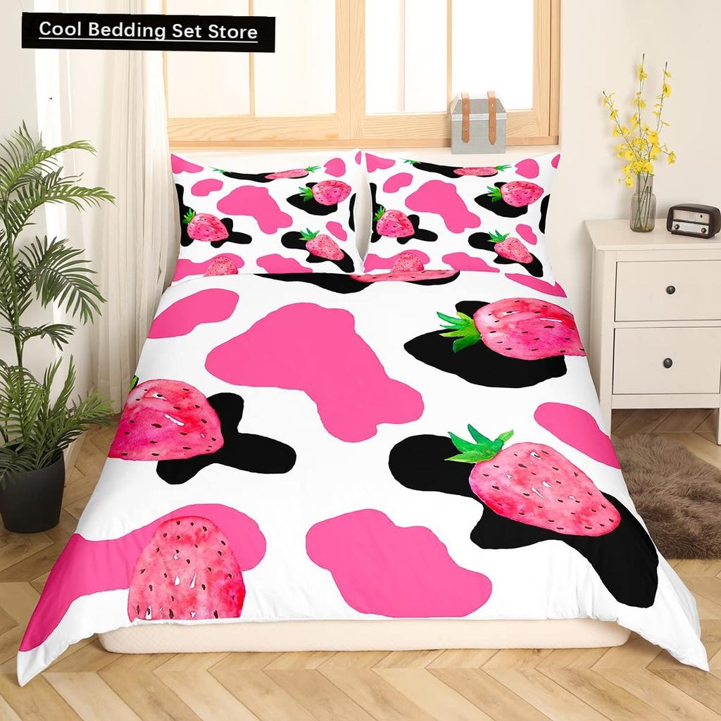 Milk Cow King Queen Duvet Cover Pink White Cartoon Animal Strawberry Bedding Set for Kids Boys Girls Cow Print Soft Quilt Cover