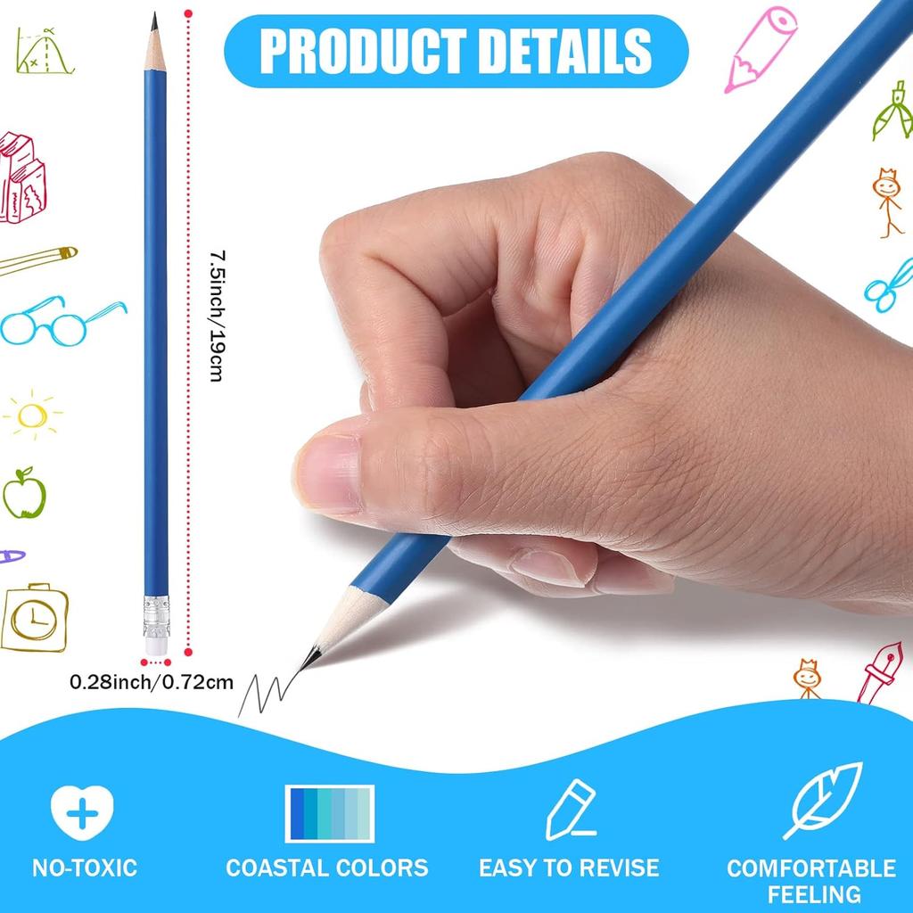 CHENGU 36 Pack Coastal Blue Pencils with Eraser Unsharpened Fun Cute Erasable Checking Wooden Summer Pencils for Adults Office Drawing Sketching