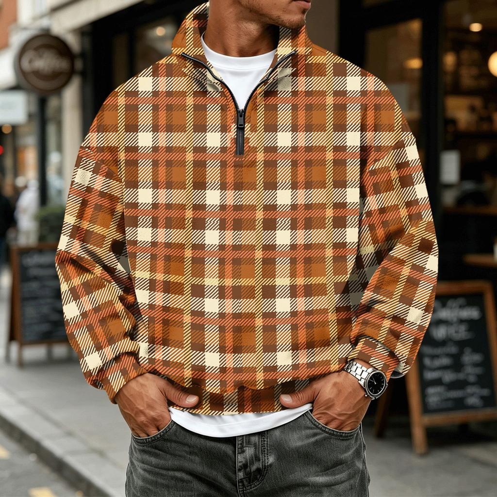 Men's Casual Flannel Long Sleeve Sweatshirt with 1/4 Zip Neck and Plaid Print