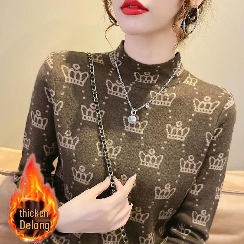 Velvet Semi-High Neck Warm Long Sleeve Women's Slimming Top for Autumn/Winter