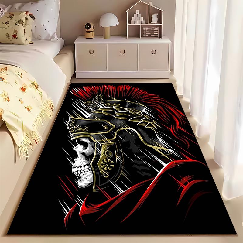 Skull Warrior Helmet Pattern Carpet, Black with Red & Gold Accents Suitable for Use As an Anti-slip for Living Room Bedroom Sofas