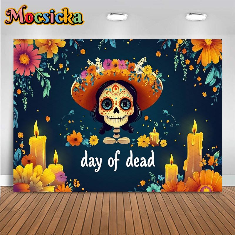 Mocsicka Day Of The Dead Background Photography Art Flower Skull Candle Death Festival Decoration Halloween Party Photo Backdrop