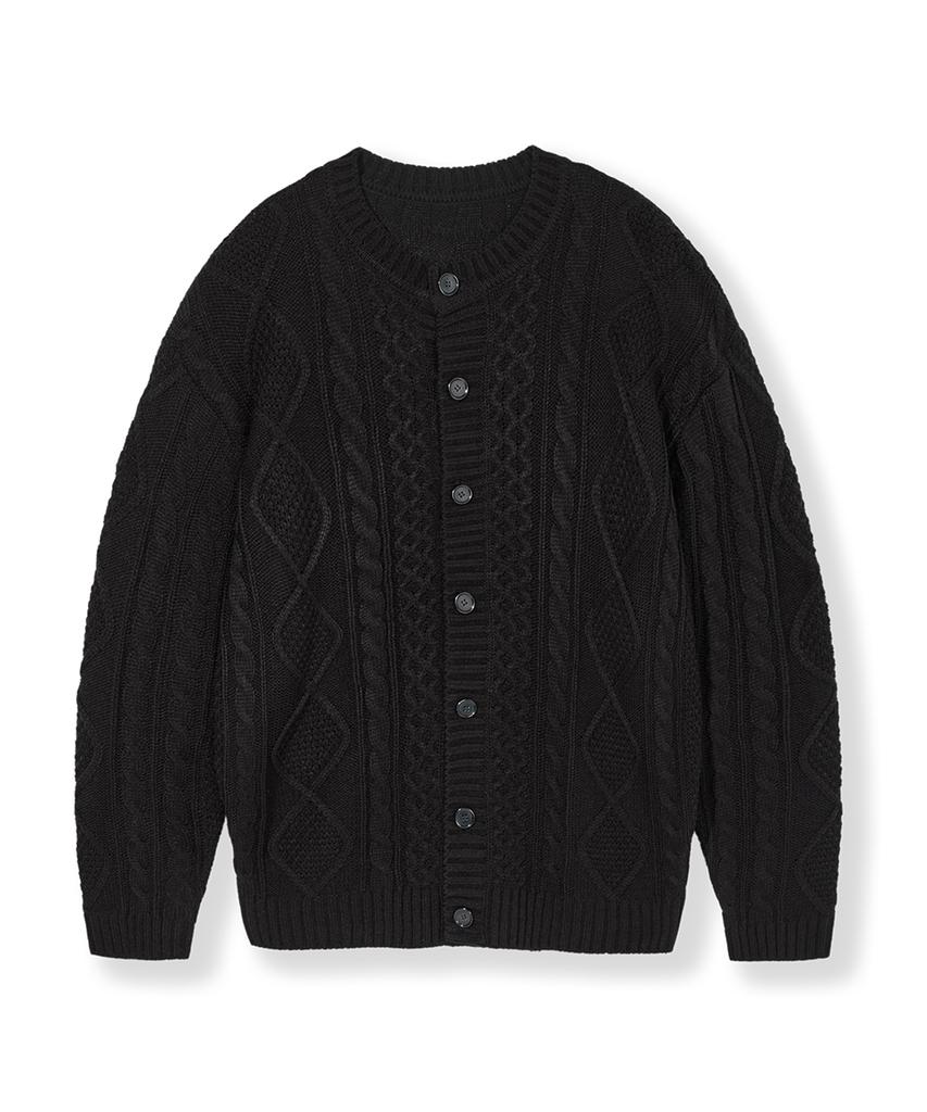 Nodu Fisherman Cable Round Neck Semi-Oversized Long Sleeve Knit Cable Knit Cardigan [Black]