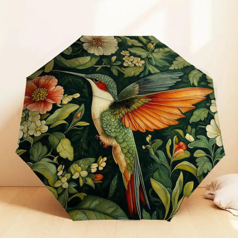 1pc Hummingbird Floral Automatic Folding Umbrella, Heavy Duty 8 Rib Iron Frame,  Suitable for Travel, Daily Use, Birthday, Decor Gift M0104069