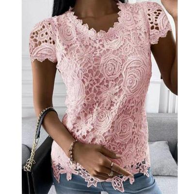 Vintage Chic dentelle épissage chemise femmes haut d'été décontracté col rond élégant Blouse ample manches courtes blanc dentelle chemises Blusas 24737