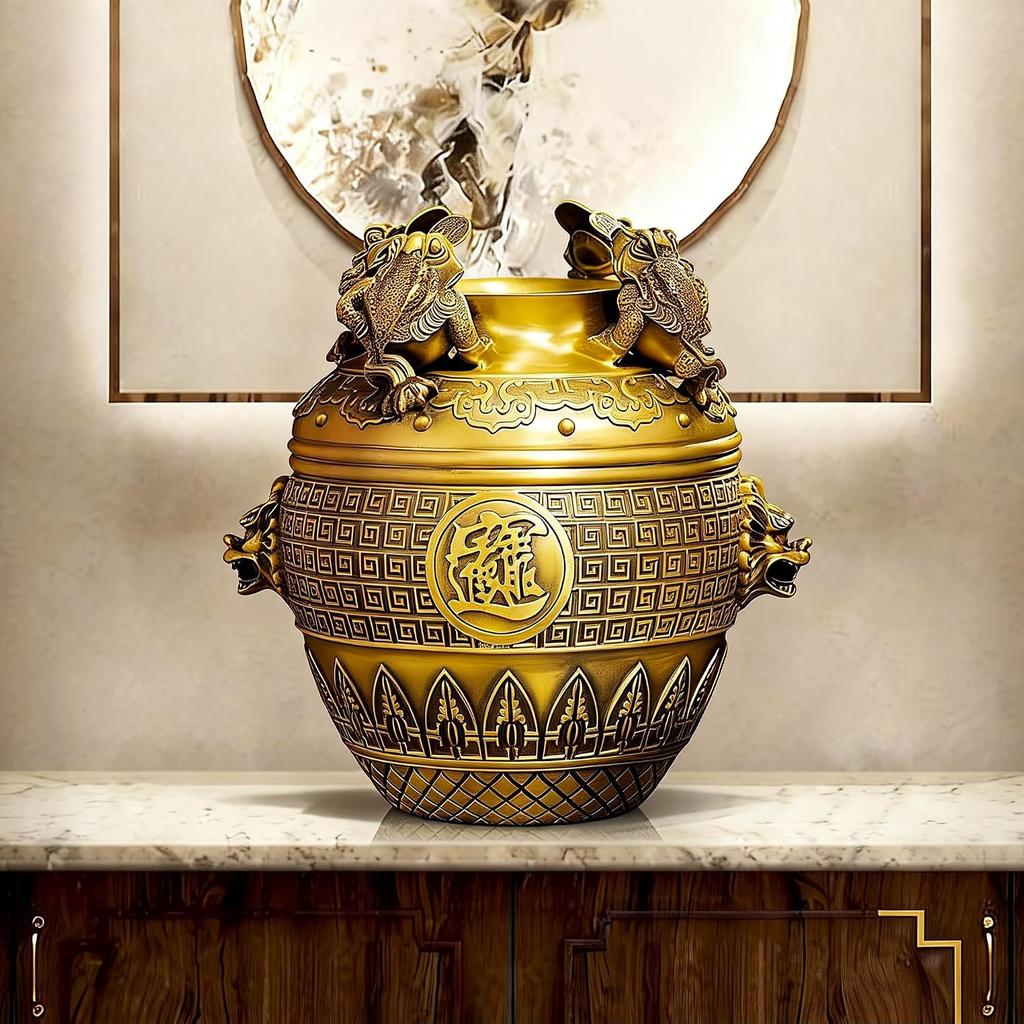 Aris & Juno Brass Treasure Bowl with Money Toad Feng Shui Statue – Chinese Wealth & Good Luck Figurine for Entryway, Home Office Desk or Shelf
