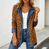 Damen Leopardenmuster Denimjacke Langarm Lockerer Schnitt Lässig Offene Vorderseite Hemdkragen Streetwear Mantel