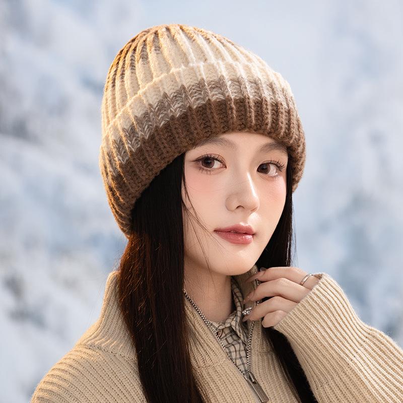 

Шапка из шерсти с крупной головой и теплой цветовой блокировкой в корейском стиле, осенне-зимняя, универсальная, ветрозащитная, с защитой ушей, шапка-бини, повседневная вязаная шапка для улицы One Size