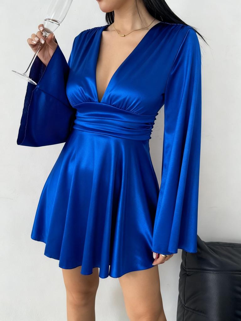 Women Deep V Neck Bell Sleeve Satin Dress Sexy Split Front Mini Dress Party Cocktail Dress