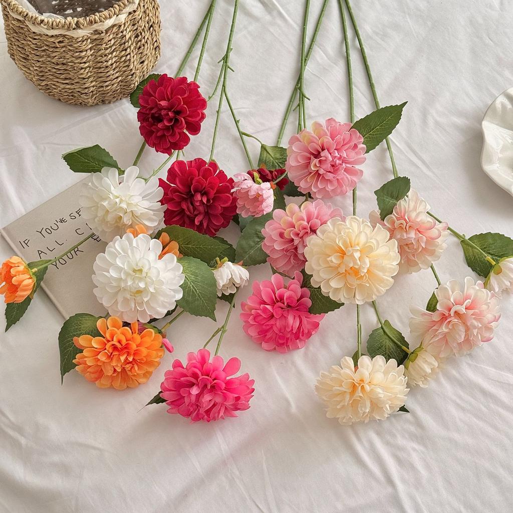 3-Head Dahlia Simulated Flower Silk Flower Fake Flower Dark Fragrant Ball Chrysanthemum Home Decoration Wedding Hall Flower Arrangement