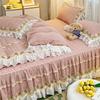 Pink Korean Princess Style Bedding Set Flowers Lace Ruffles Embroidery Quilted Thick Duvet Cover Bedspread Bed Skirt Pillowcases