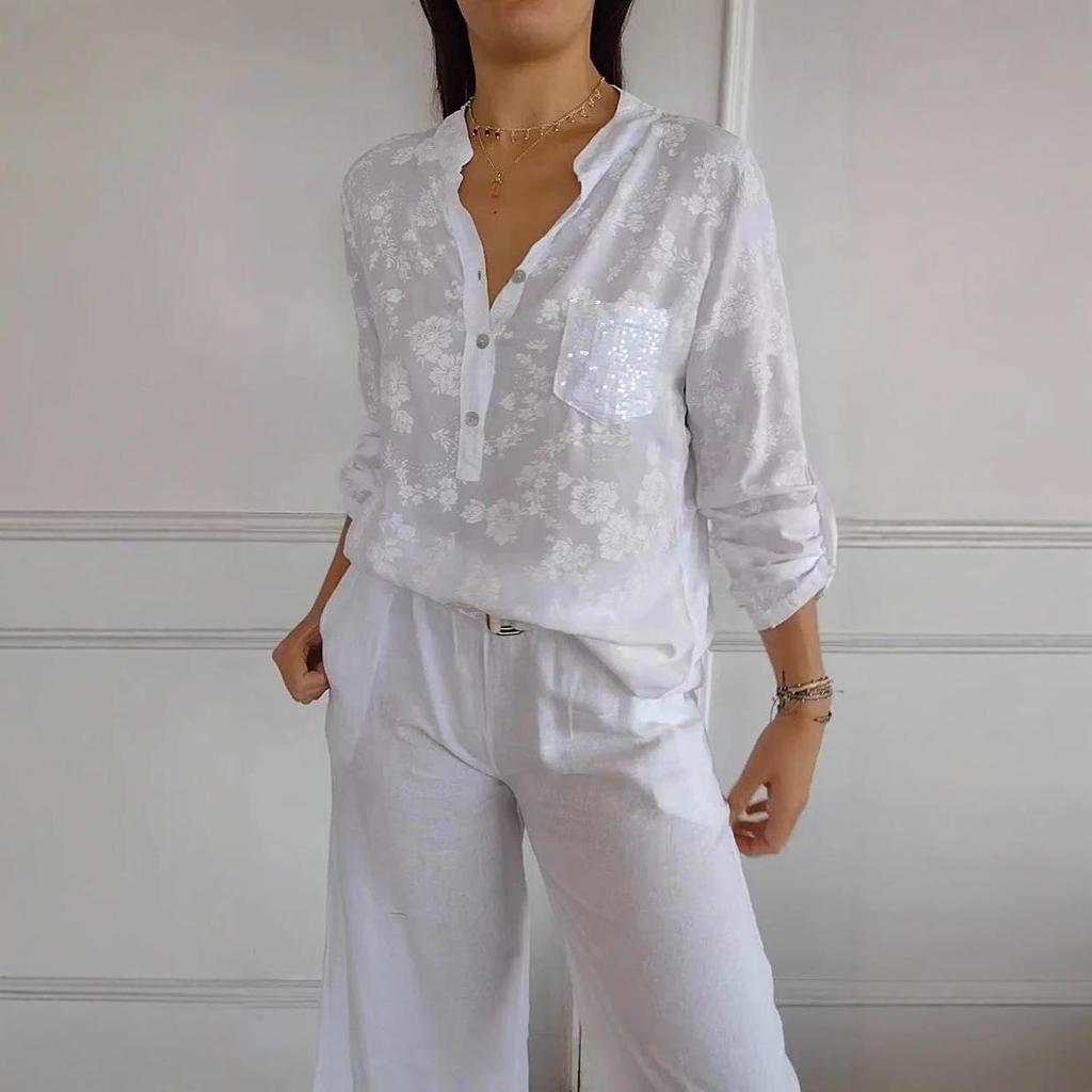 2025 Spring/Summer Women's Loose Casual Long-Sleeve Sequin Pocket Print Shirt