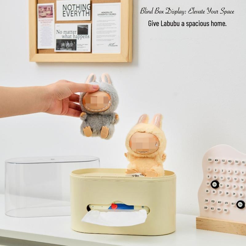 Novelty Tissue Box Organizer with Figurine Display Acrylic Transparent Storage Box for Labubu Tissue Dispenser for Desk Decor