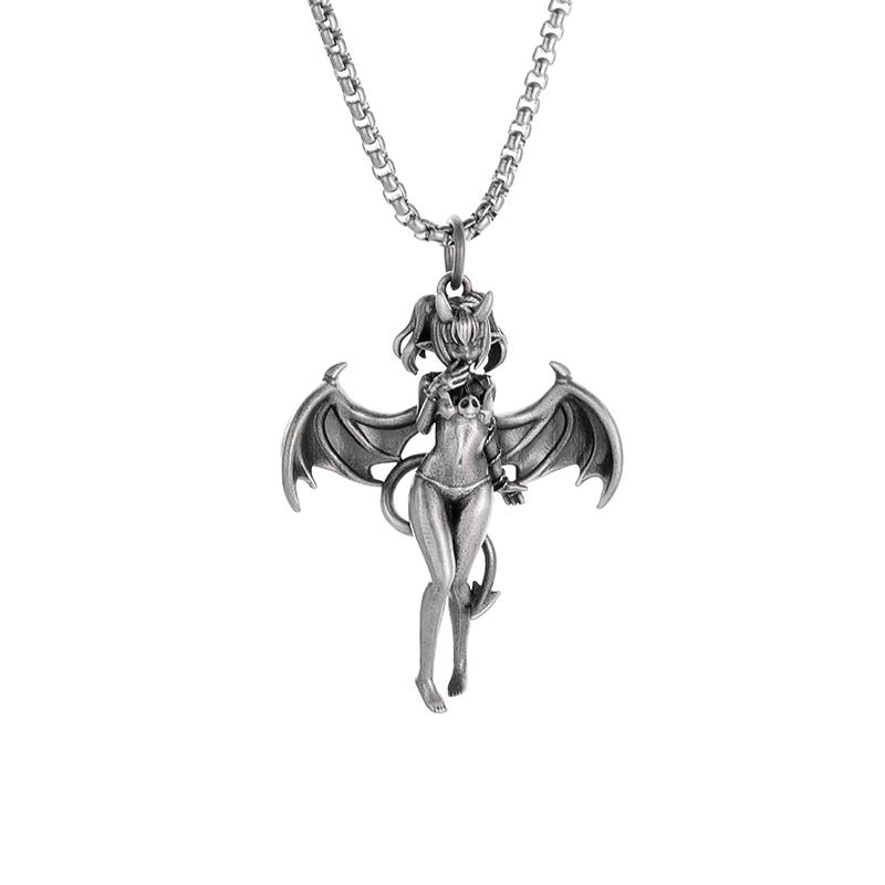 Gothic Punk Sexy Devil Bat Girl Goddess Pendant Necklace for Men and Women Hip Hop Trendy Halloween Cosplay Party Jewelry