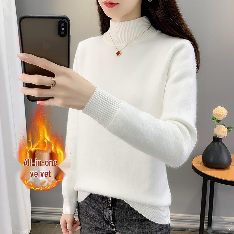 2025 Women's Autumn/Winter Half-High Collar Velvet-Lined Knit Sweater