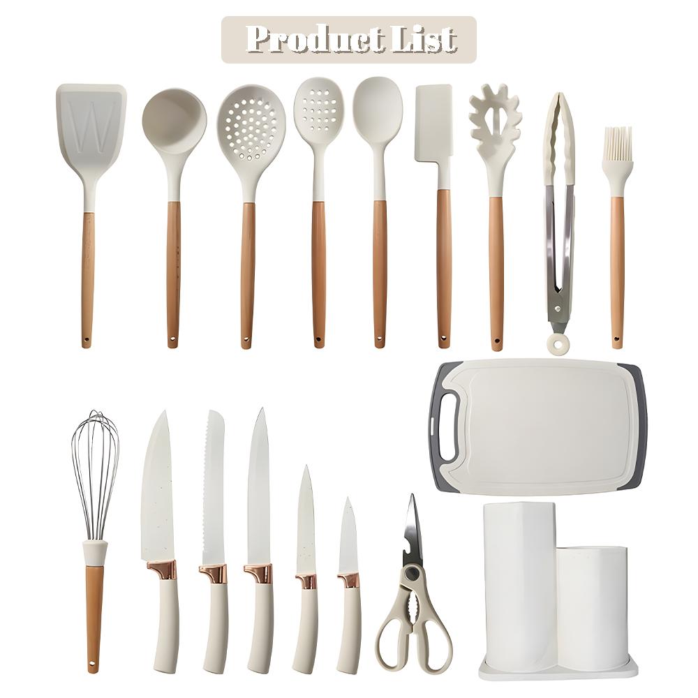 20 Stück Silikon Küchenmesser Hitzebeständig Antihaft Suppenlöffel Kochset mit Schere Schäler Fleisch schneiden Küchenzubehör