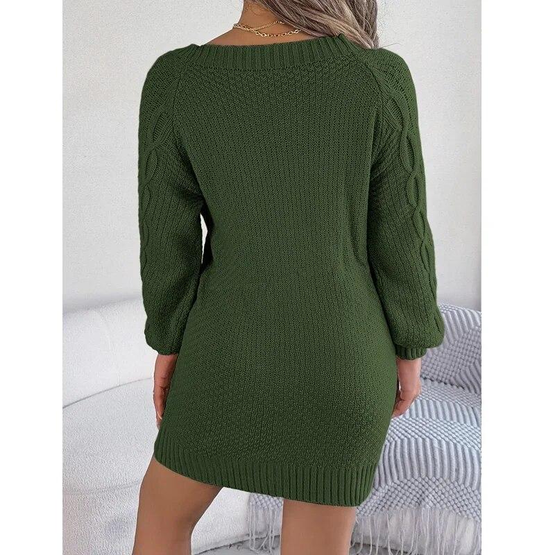 Vintage O-Neck Twisted Knitted Dress Casual Lantern Long Sleeve Sweater Dress Elegant Warm Solid Womens Knitwear Vestidos 29889