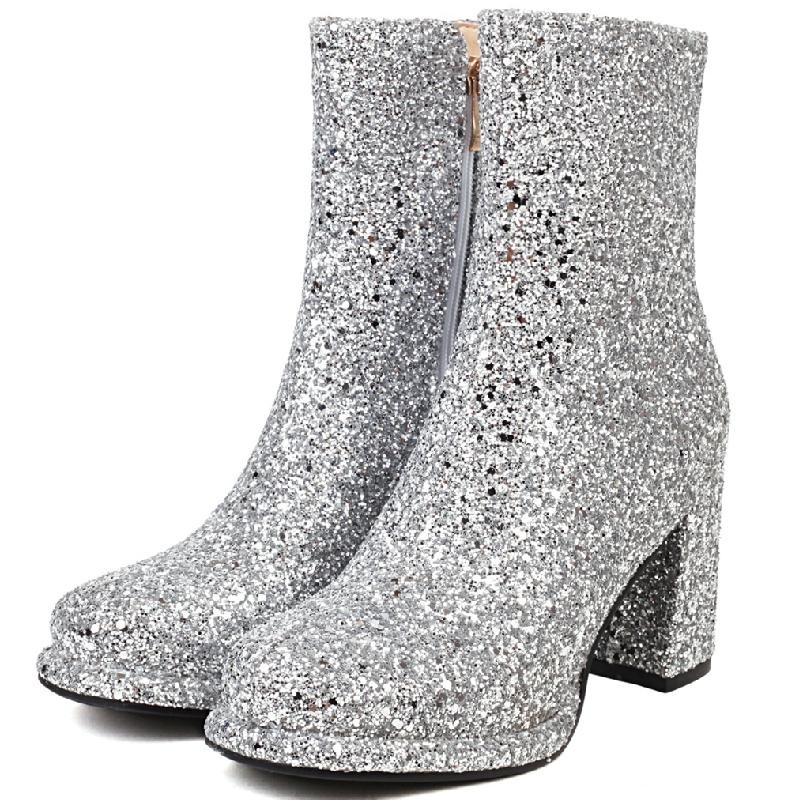 Fashion Luxury Sequined Women Ankle Boots Gold Silver Block Heels Short Boot Female Zipper Autumn Winter Party Shoes Ladies Large Size