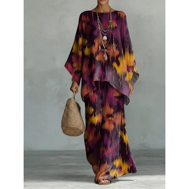 16 European and American artistic sense abstract graffiti set, round neck bat sleeve top + wide-leg pants loose two-piece set