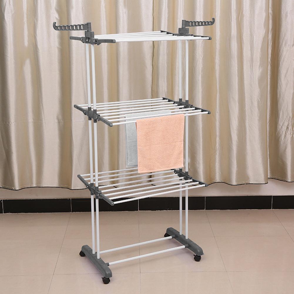 4 Tier Folding Drying Rack Clothing Clothes Horses Rack W/ 4 Drying Poles and Two Side Wings Stainless Steel Laundry Drying Rack