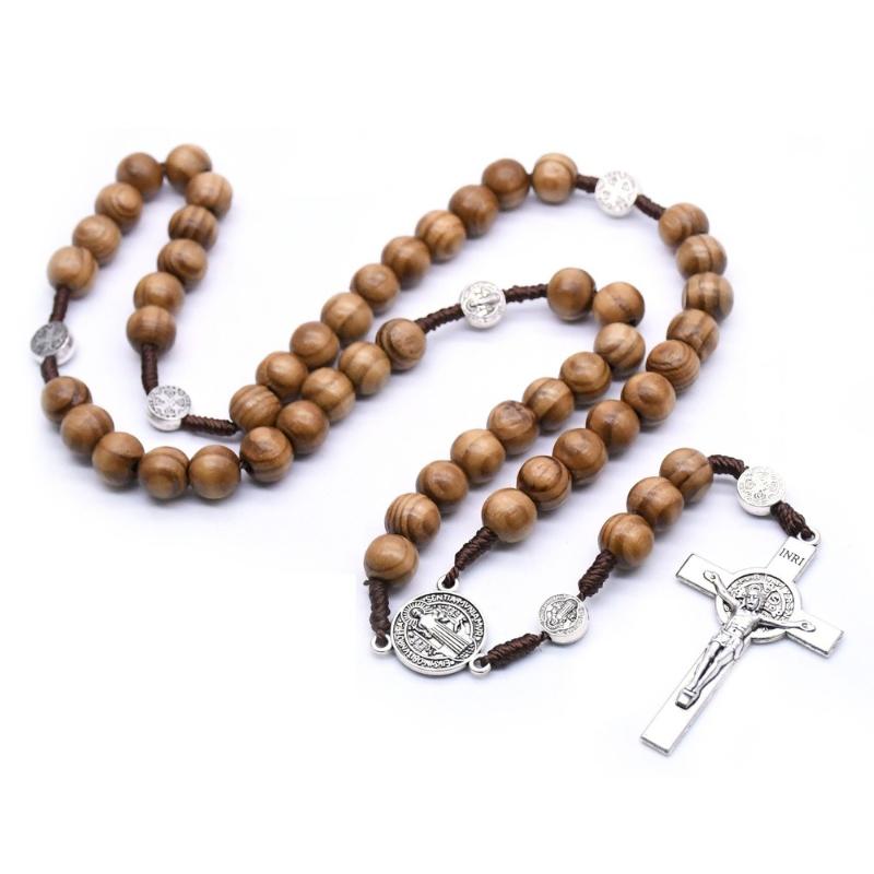 Hand-woven Exorcism Rosary Wood Beads Alloy Saint Benedict Retro Prayer Cross Car Ornament