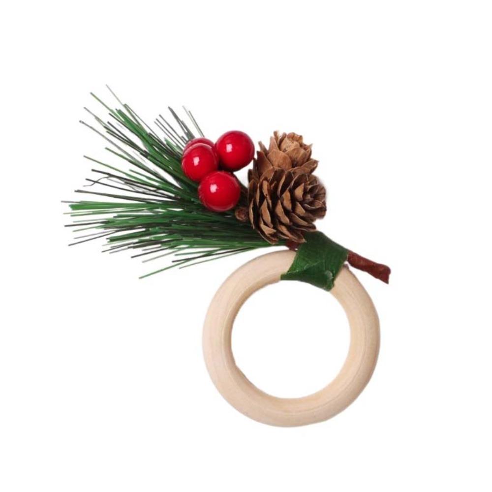 6pcs with Red Berries Christmas Pine Needle Napkin Ring Wooden Napkin Buckle Restaurant