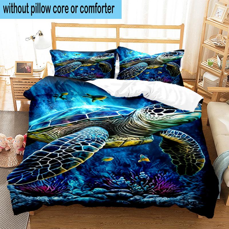 Cartoon Sea Turtle Artwork 3pcs Bedding,Including 1pc Duvet Cover And 2pcs Pillowcases Perfect for Christmas,Ideal for Bedroom, Dormitory