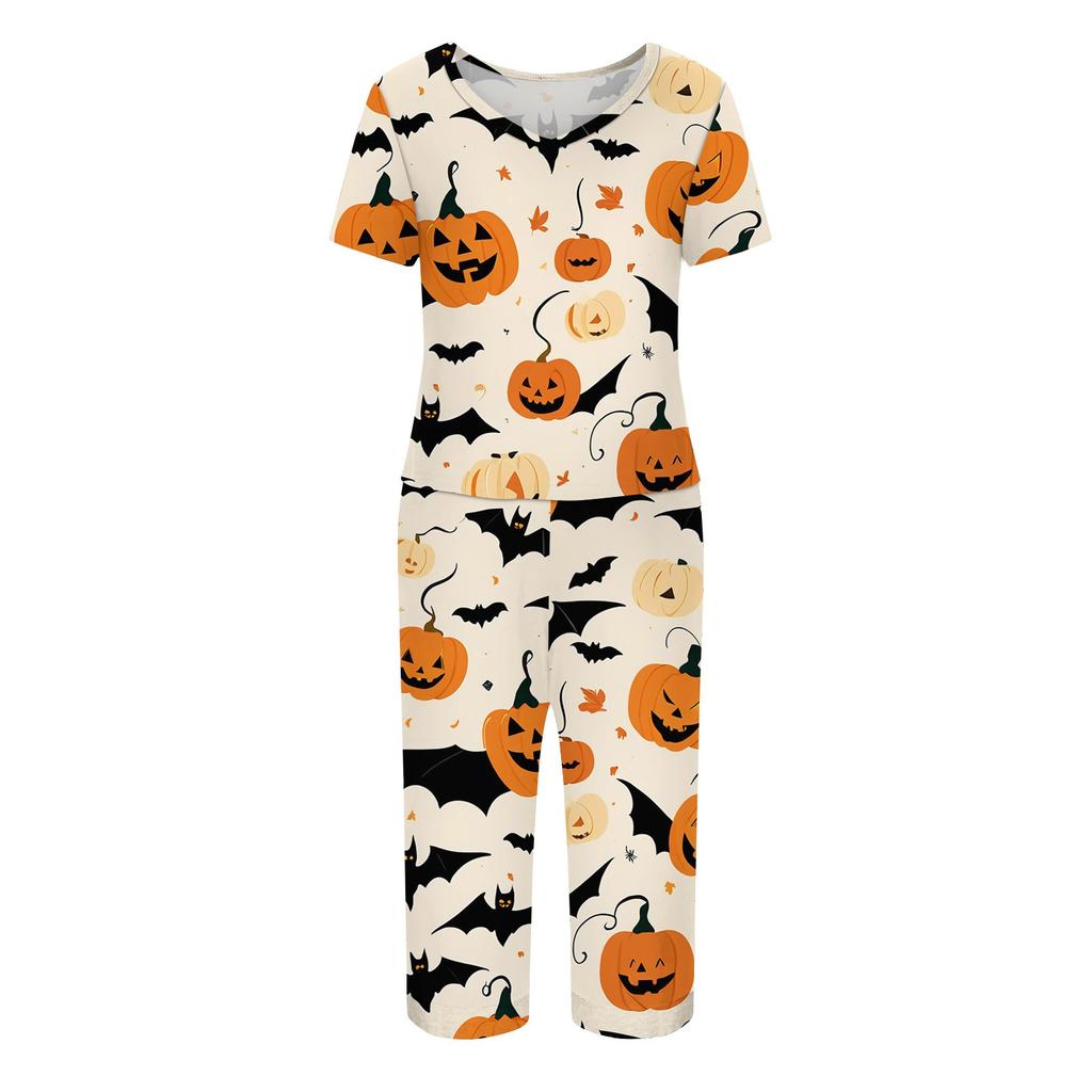 Conjuntos de 2 piezas para mujer Top de manga corta y pantalones con bolsillos Conjuntos suaves de entrenamiento con estampado de Halloween