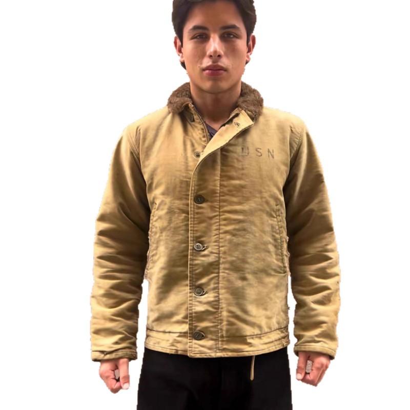 Retro Navy Deck Cotton Coat Thick Fleece Lined Mens Casual Winter Jacket Solid Color S-5XL