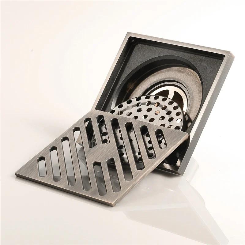 Desagüe de Piso de Baño Cuadrado 10 cm Bronce Antiguo Desagüe de Ducha Cepillado 4 Pulgadas Descarga por Gravedad Balcón Desagües de Drenaje de Baño