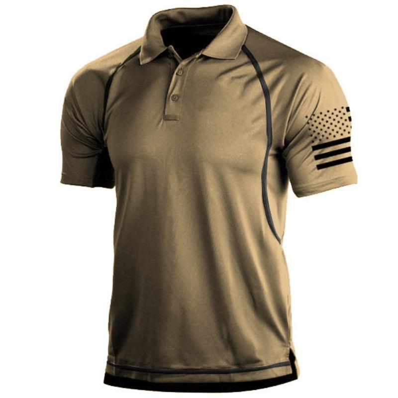 Men Outdoor Flag Print Short Sleeve Lapel Polo Shirt