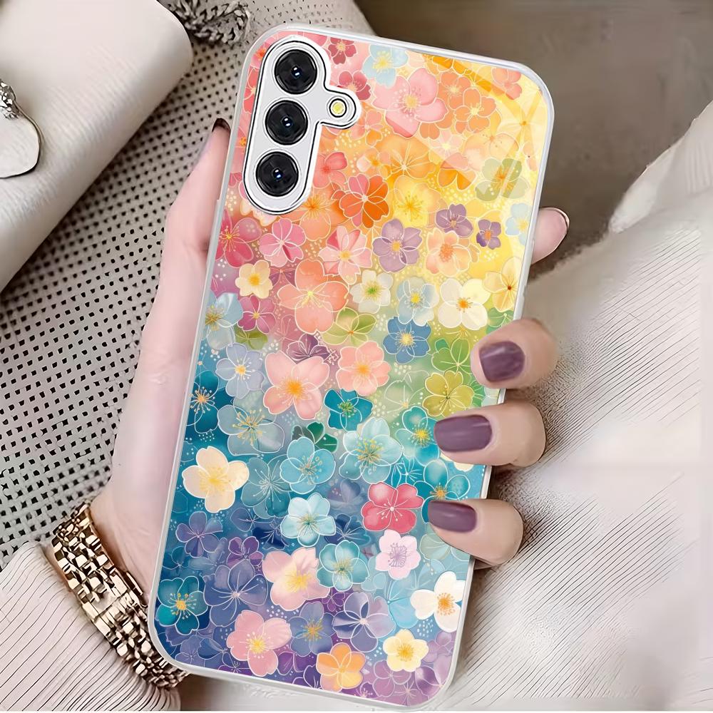 Colorful flower pattern silver plated glass phone case suitable for Samsung GalaxyS26 S25 S24 S22 S21 S20FE/Ultra/Plus anti drop
