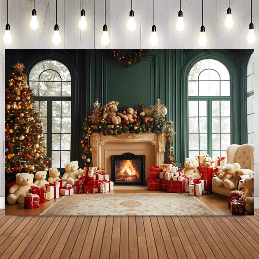 Christmas Classic Themed Photography Background Fireplace Xmas Tree Window Gifts Family Friends Party Decor Photo Backdrop Prop2