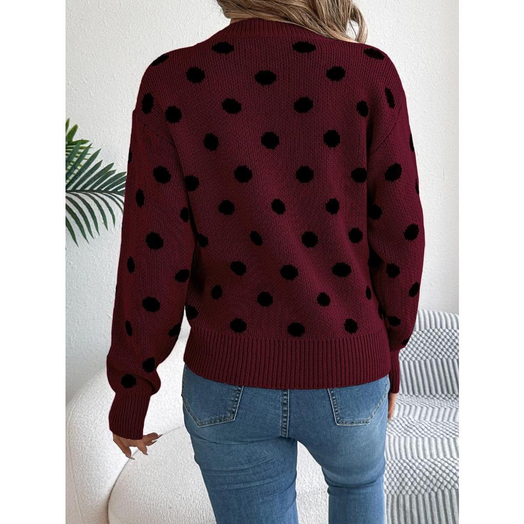 Autumn Winter Casual Color Block Polka Dot Long Sleeve Pullover Sweater Women's Fashion