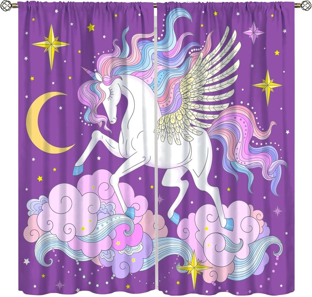 Unicorn Curtains Kids Room Colorful Cute Cartoon Rainbow Clouds Stars Print Window Treatments Drapes Curtain With Rod Pocket Polyester Perfect For